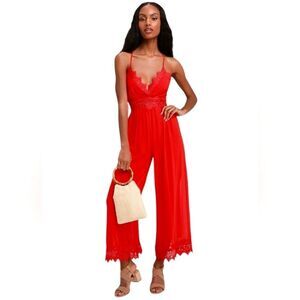 Lulus Sunny Day Dream Red Lace Jumpsuit Feminine Sexy Size Small